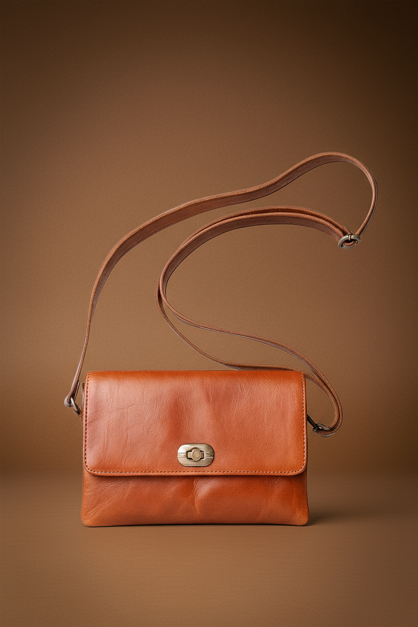 Brown leather crossbody bag on a light gray background