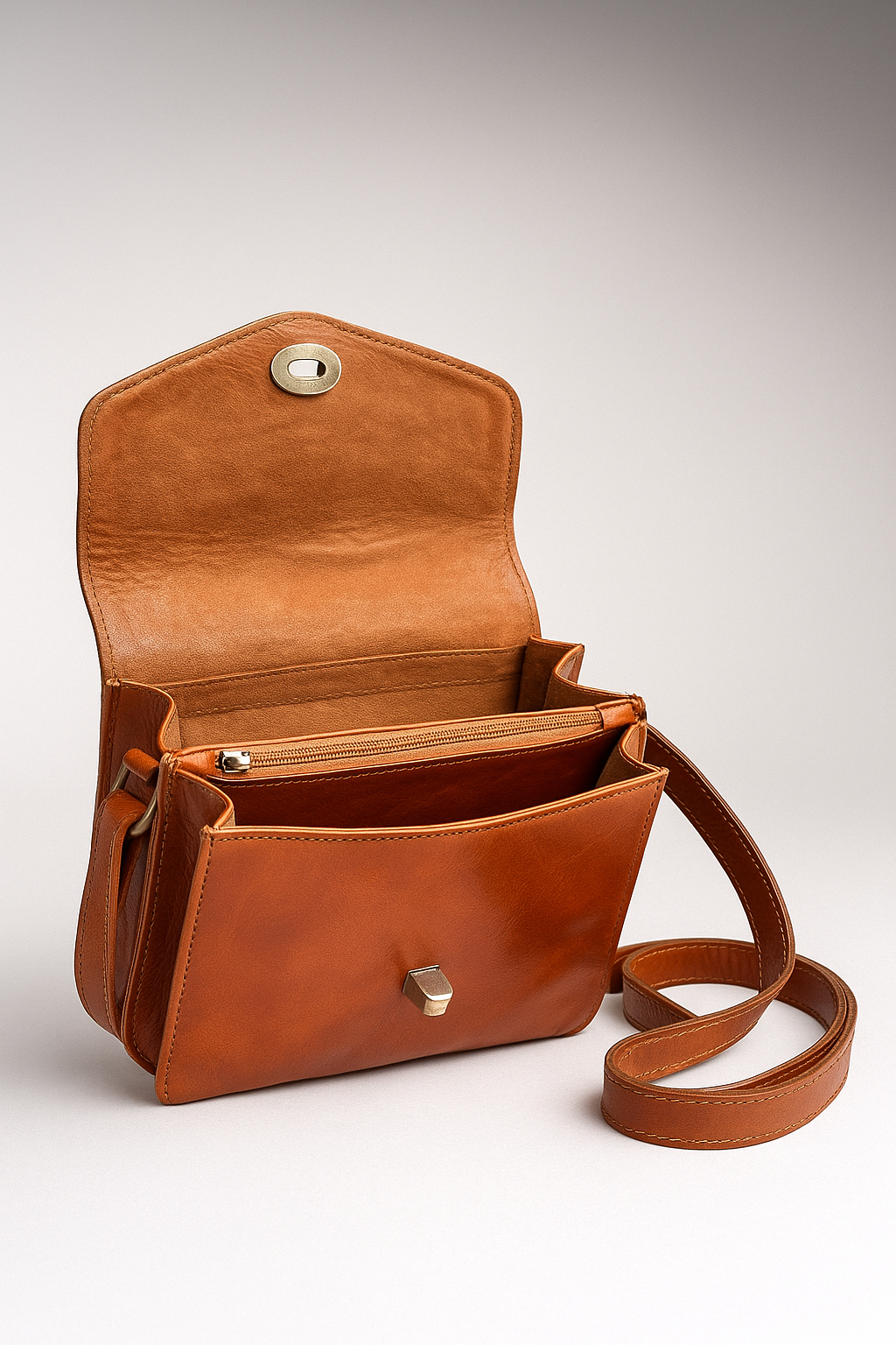 Brown leather handbag with a strap on a light gray background